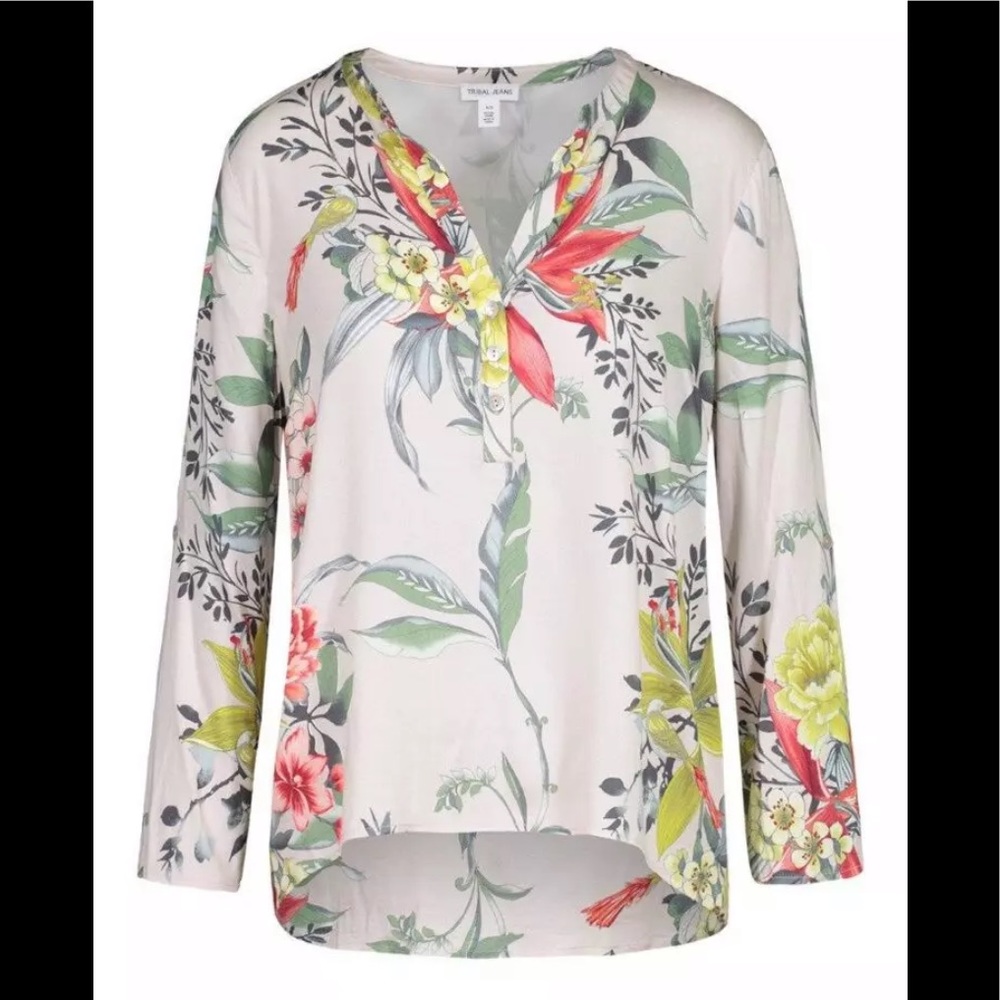 Tribal Jeans Roll Sleeve Chinoiserie Blouse Size M